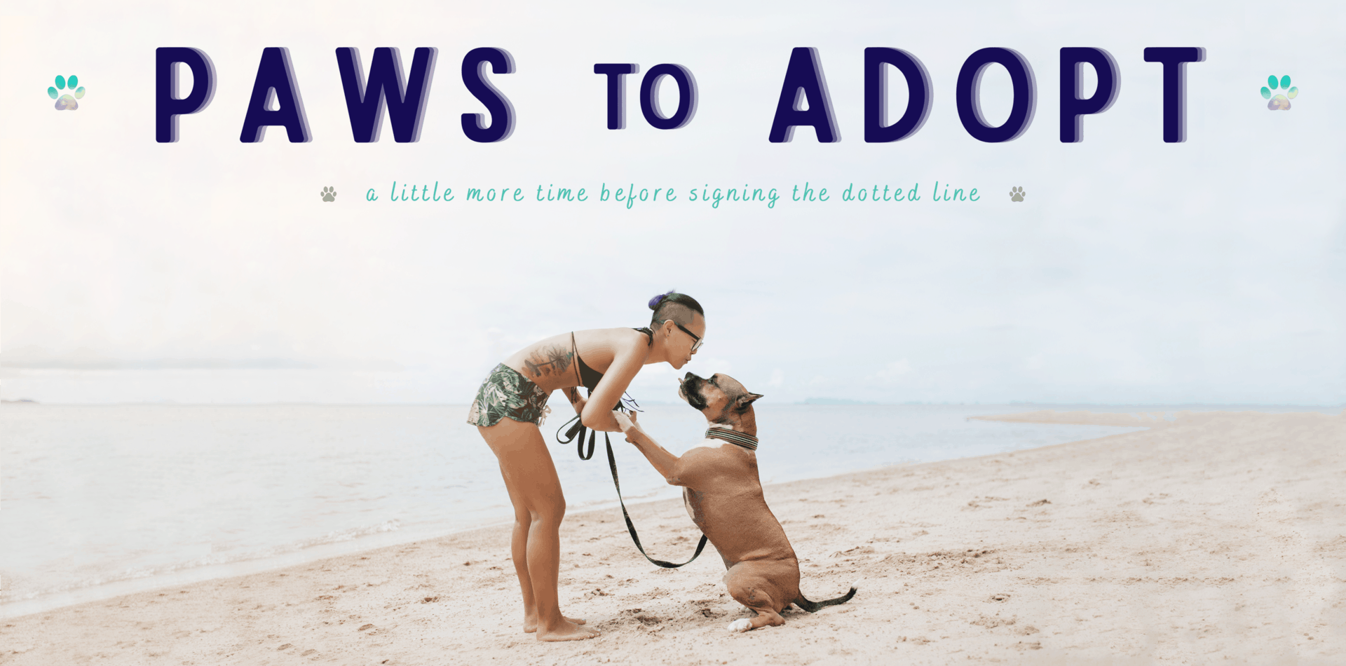 woman on beach with pitbull mix dog